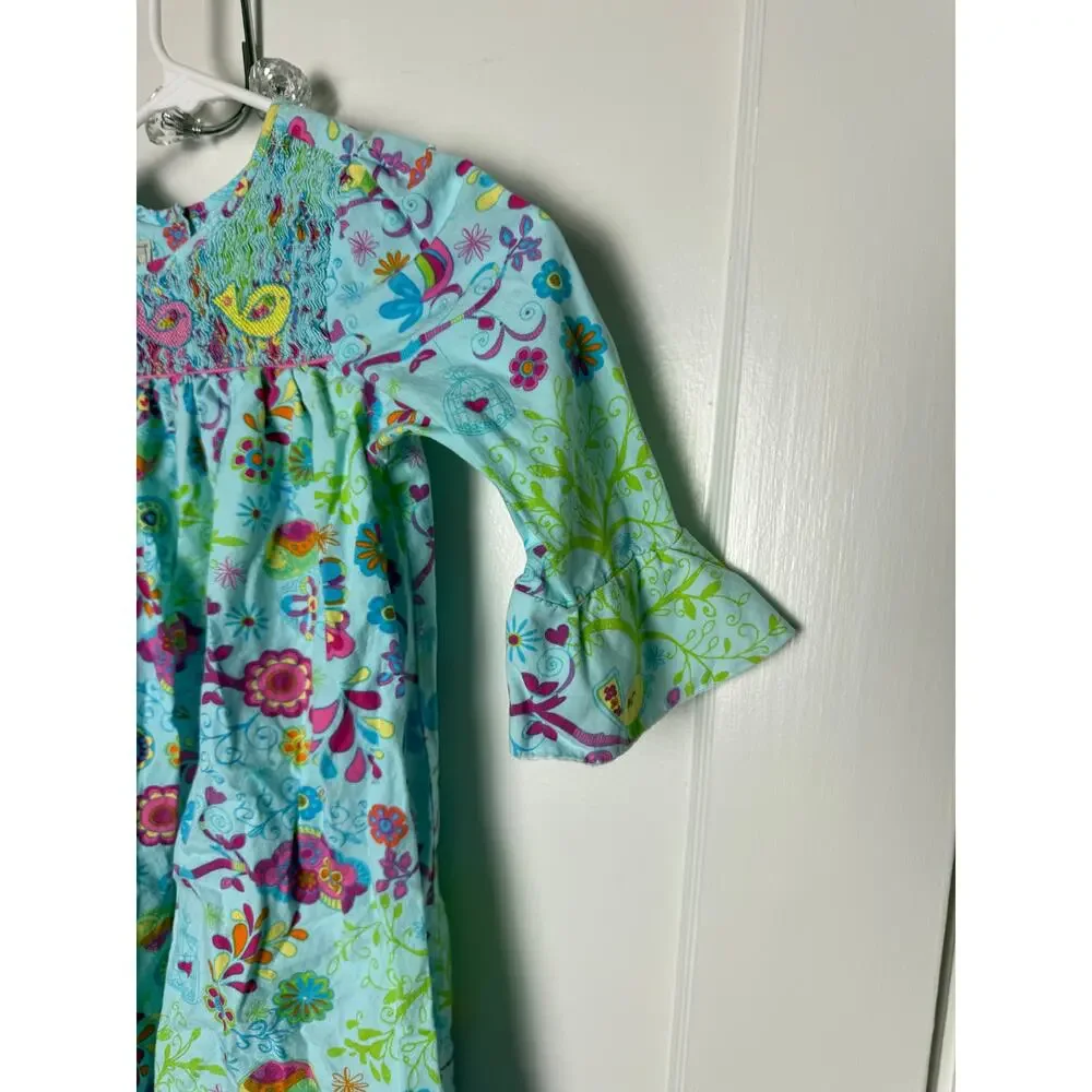 Marmellata Blue Pink Floral Bell Sleeve Ruffle Smocked Bird Dress Size 6